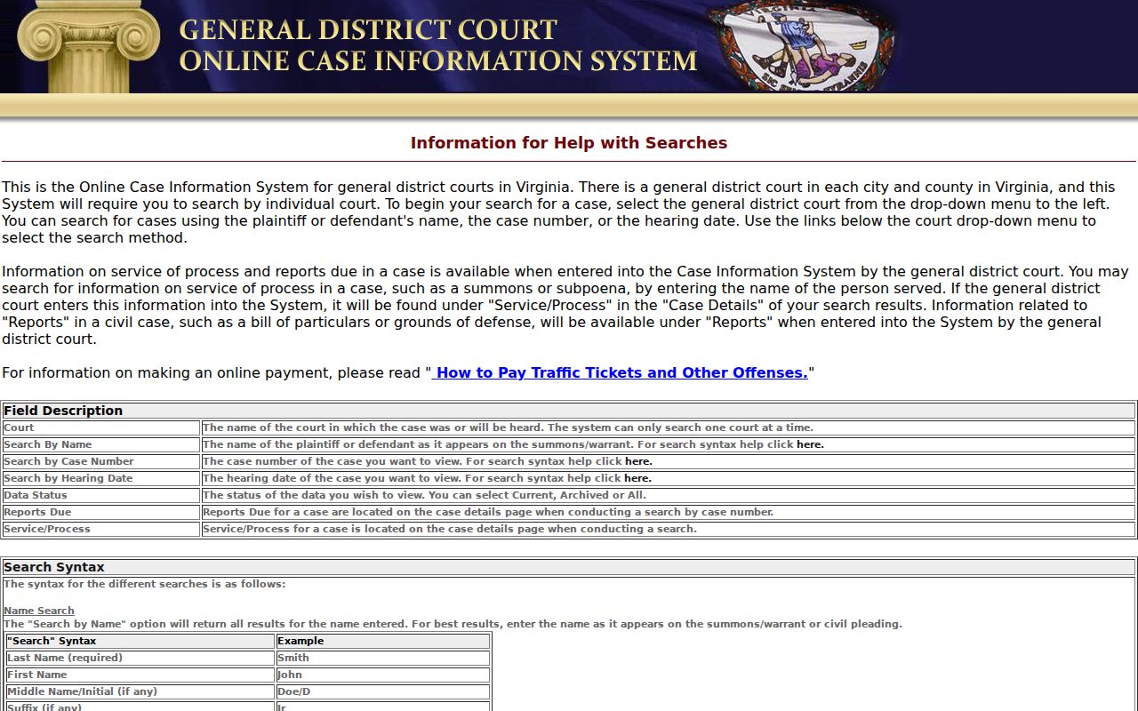 Ashburn resident lookup Virginia General District Court search fields