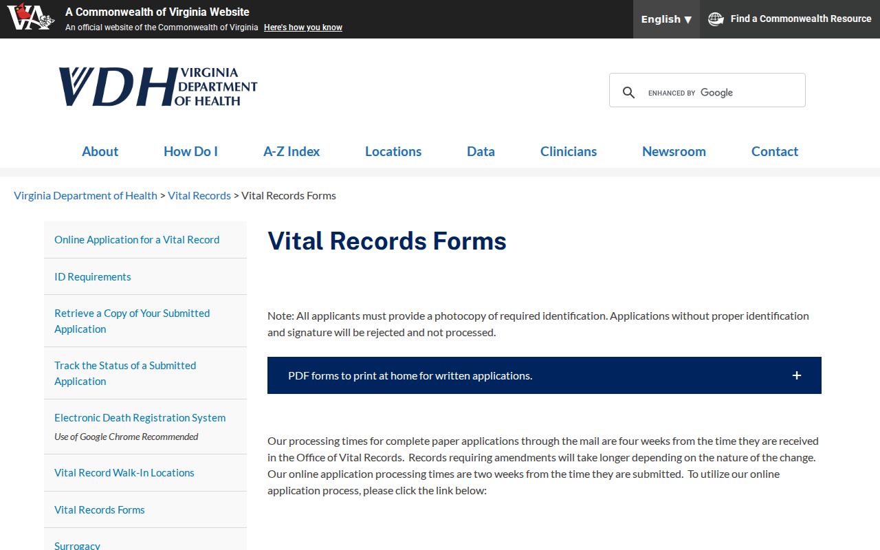 Ashburn resident lookup Virginia vital records application forms